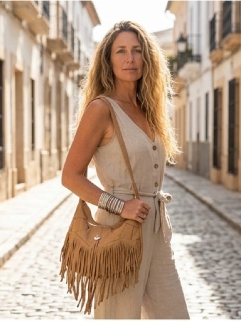 Fringed Tan Leather Shoulder Bag
